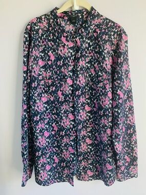 Ann Taylor Blouse Top Navy Pink Abstract Button Up Office Business Casual EUC L